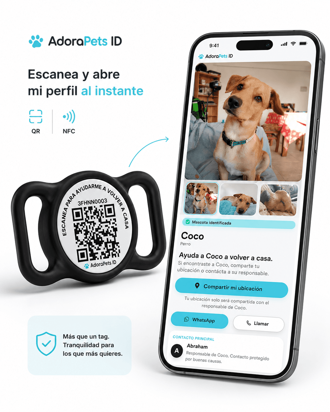AdoraPets ID junto a un teléfono que muestra un perfil público de rescate.