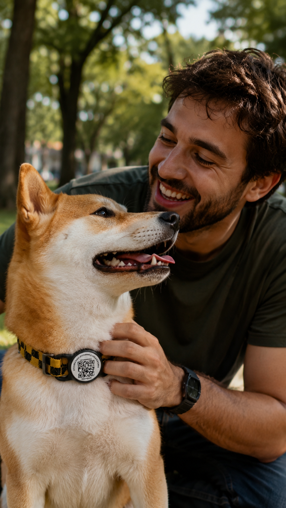 Persona junto a su perro mestizo con AdoraPets ID visible en el collar y luz cálida