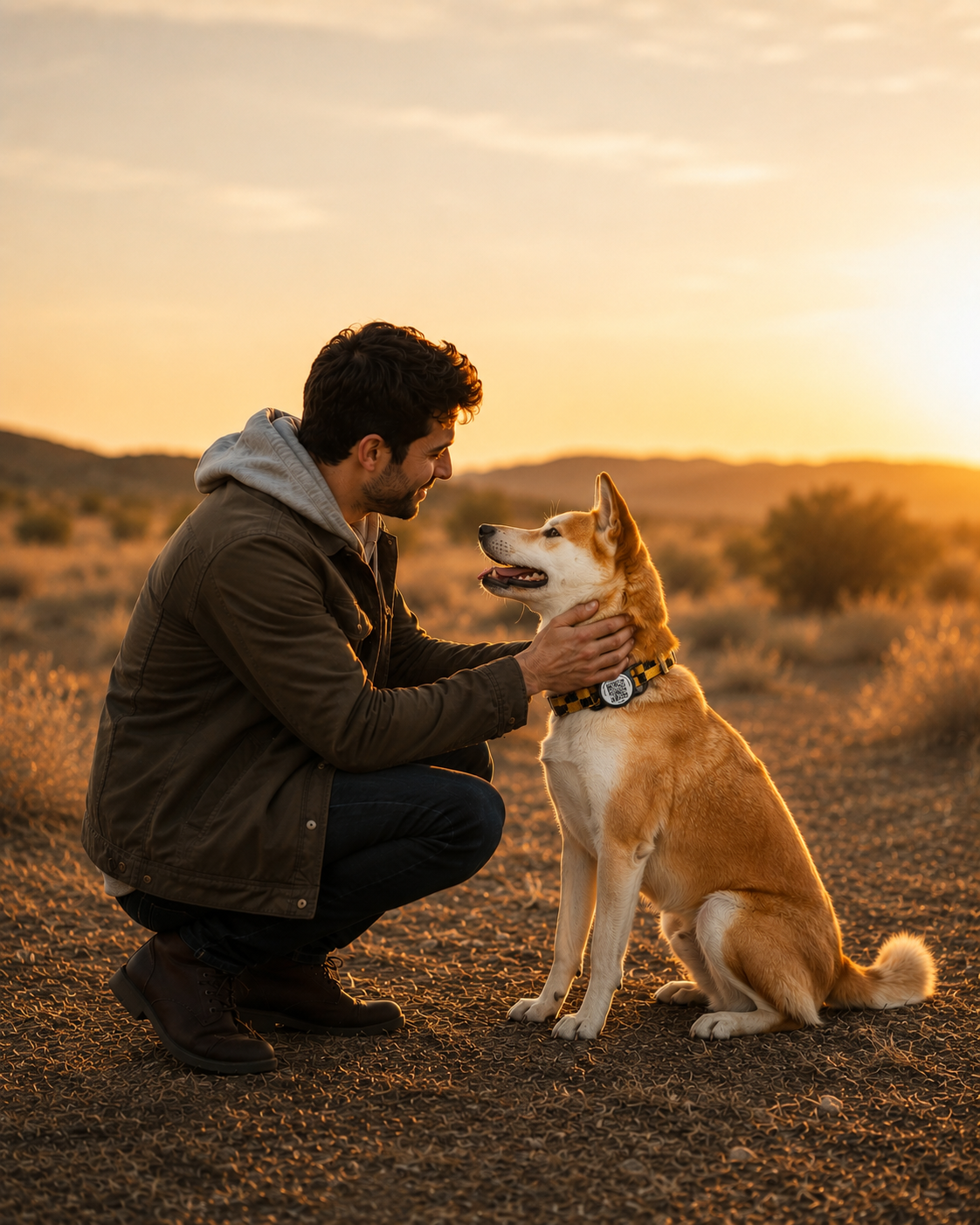Perro con AdoraPets ID en una escena lifestyle premium