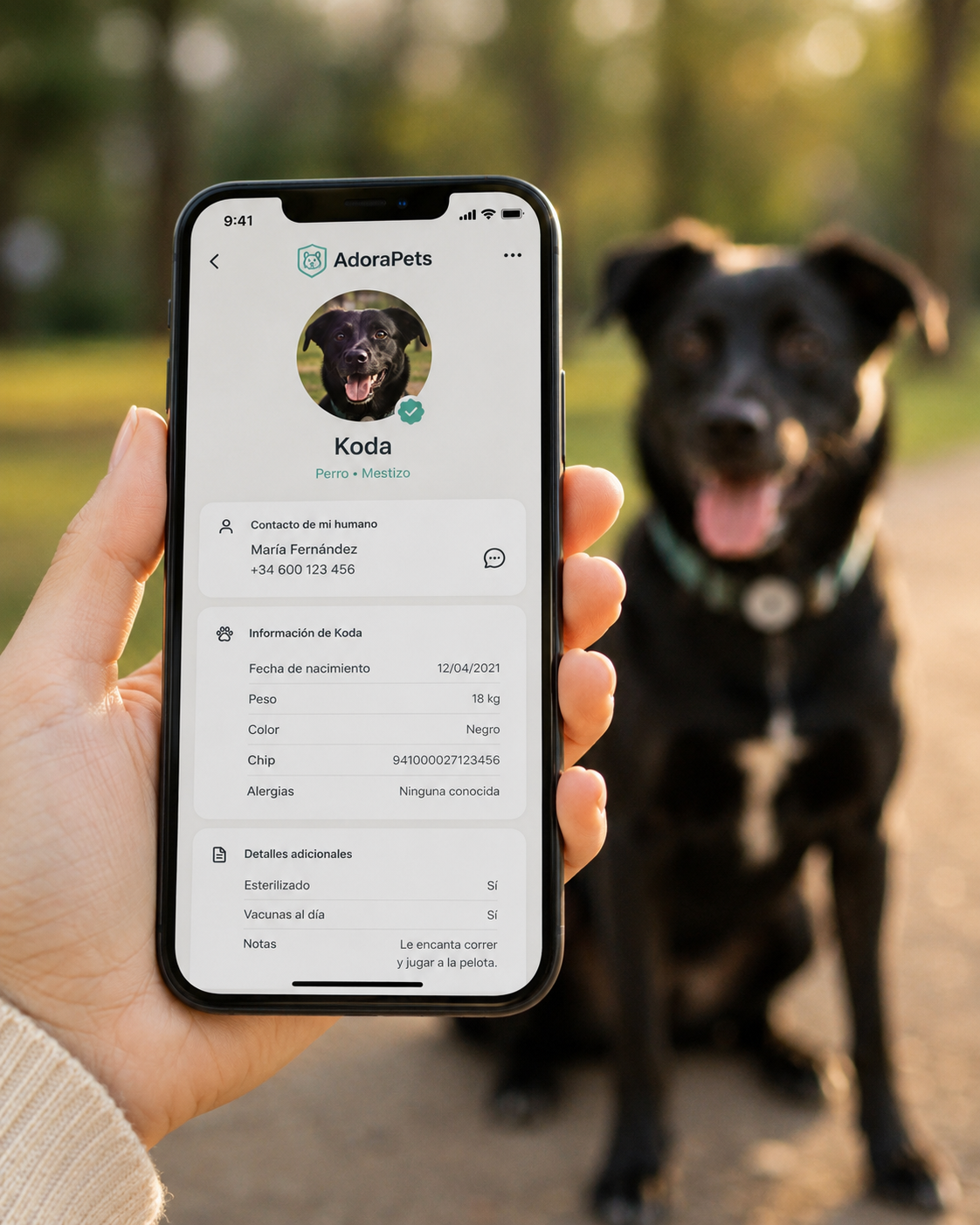 Perfil digital de mascota en un teléfono